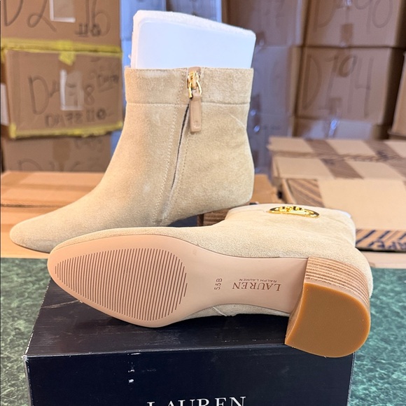 Ralph Lauren Beige Suede Ankle Booties with Gold RL Emblem - Picture 4 of 4